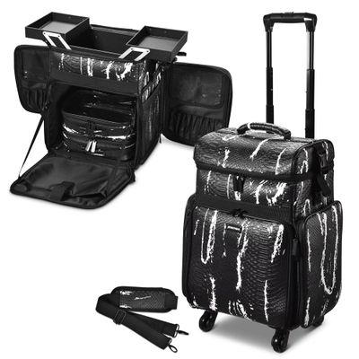 BYOOTIQUE Soft Sided Rolling Makeup Train Case Cosmetic Organizer Crocodile Makeup Case Trolley for Makeup Artist Nail Technician Hairstylist Crafters with Detachable Pouch & Shoulder Strap,Black