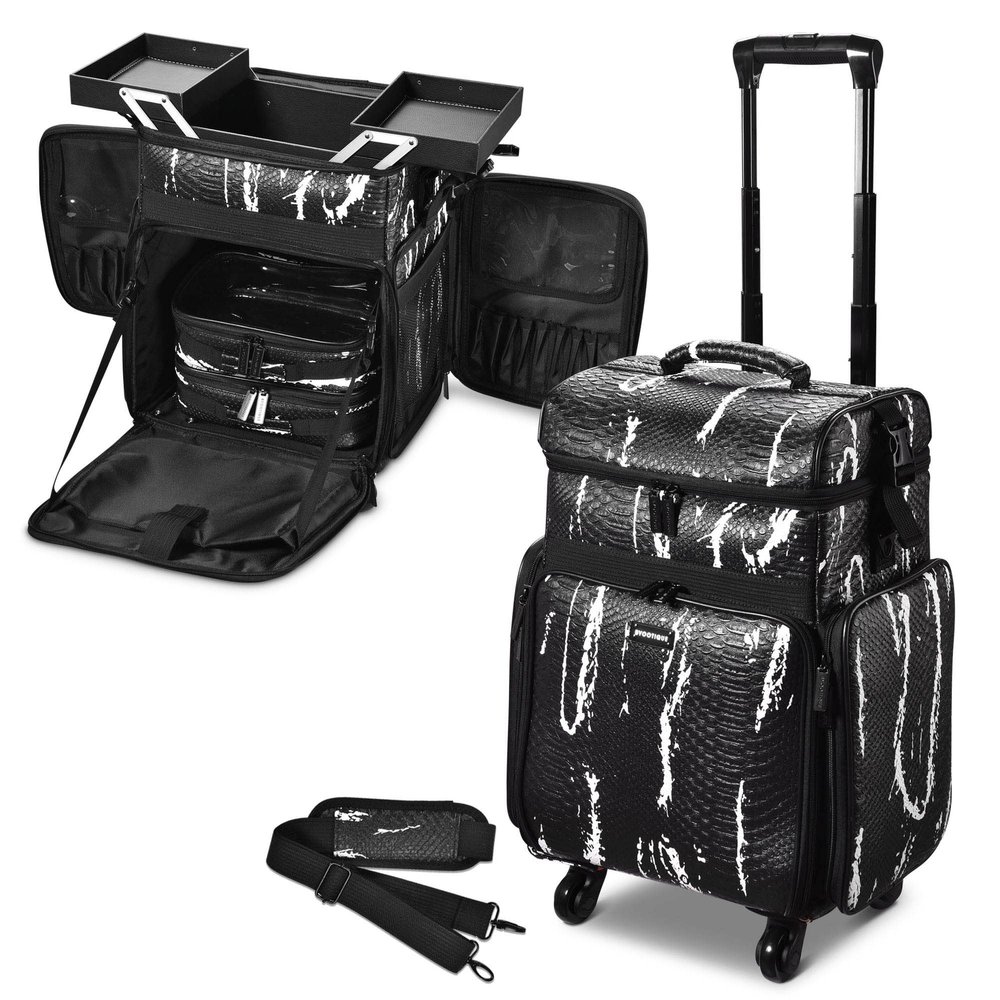 BYOOTIQUE Soft Sided Rolling Makeup Train Case Cosmetic Organizer Crocodile Makeup Case Trolley for Makeup Artist Nail Technician Hairstylist Crafters with Detachable Pouch & Shoulder Strap,Black