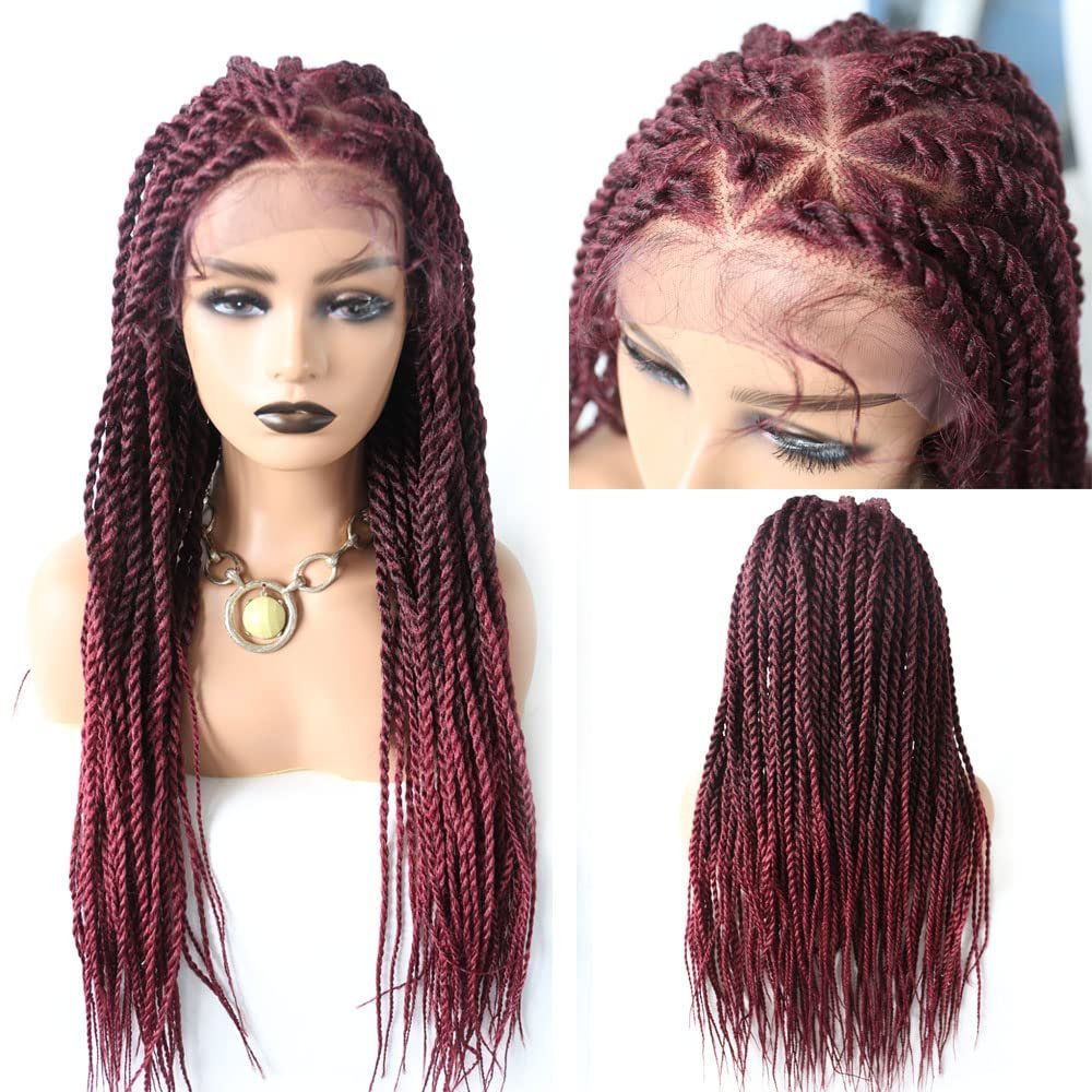 31" Box Braided Wig for Black Women FACE MIRACLE 4.75X12.5"Lace Front Braids with Natural Baby Hair Hand Braided Lightweight Synthetic Micro Cornrow Braids Glueless Braid (#T1B/BUG Black/Burgundy T)