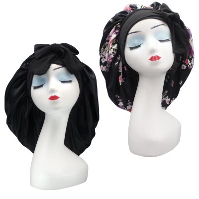 Hanbertti 2 Pack Silky Satin Hair Bonnet Sleeping Hat with Stretch Tie Band Bonnets Satin Bonnet Adjustable for Curly Hair Sleeping Keep MoistBlack+Small Black Flower