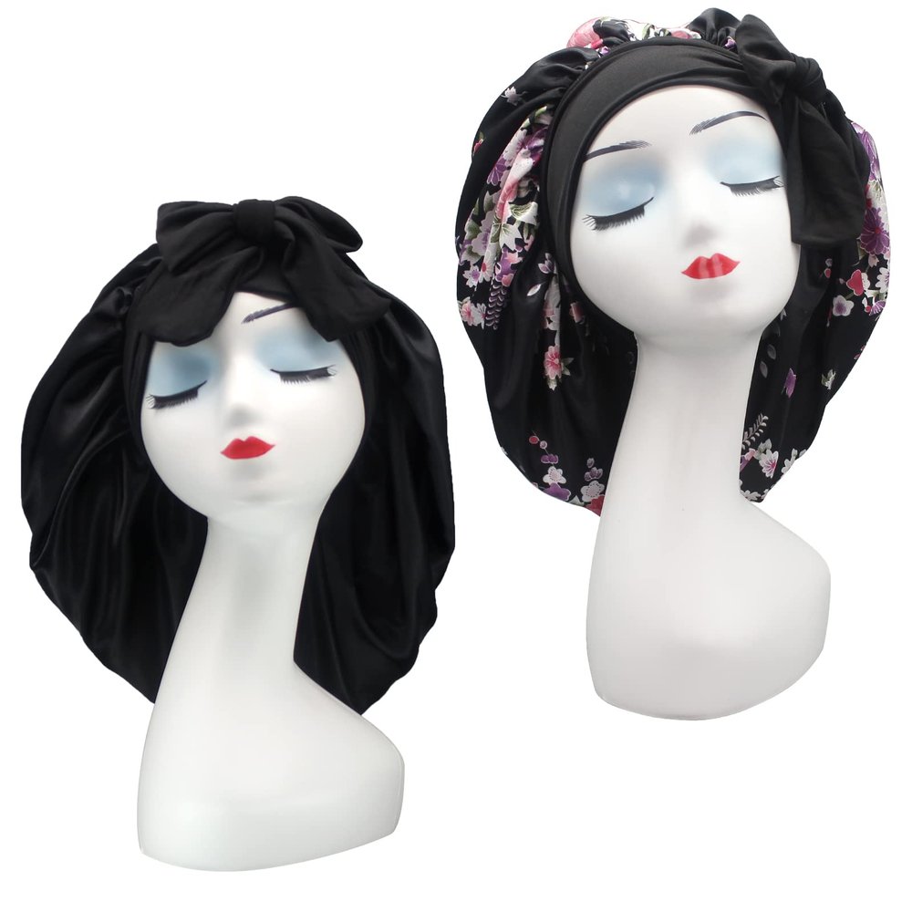 Hanbertti 2 Pack Silky Satin Hair Bonnet Sleeping Hat with Stretch Tie Band Bonnets Satin Bonnet Adjustable for Curly Hair Sleeping Keep MoistBlack+Small Black Flower