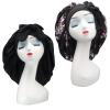 Hanbertti 2 Pack Silky Satin Hair Bonnet Sleeping Hat with Stretch Tie Band Bonnets Satin Bonnet Adjustable for Curly Hair Sleeping Keep MoistBlack+Small Black Flower view 1