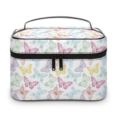 Multicolored Butterflies White Makeup Bag Cosmetic Organizer Bag Portable PU Leather Makeup Travel Case Pouch Toiletry Bag with Strap for Women