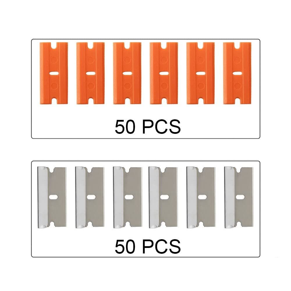 Dong Yong CNGZSY 100pcs Razor Blades Safety Scraper Glue Knife Glass Cleaner Replacement Carbon Steel Blade Ceramic Car Labels Remover E13 (50 pcs plastic50 Metal)