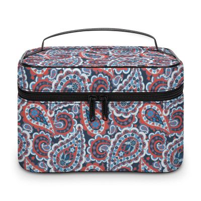 Paisley Floral Flower Red Blue Makeup Bag Cosmetic Bag Portable Synthetic Leather Makeup Case Storage Toiletry Bag with Handle for Women Teen Girls
