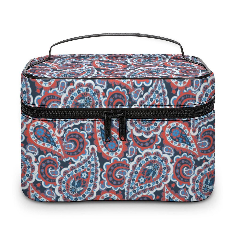 Paisley Floral Flower Red Blue Makeup Bag Cosmetic Bag Portable Synthetic Leather Makeup Case Storage Toiletry Bag with Handle for Women Teen Girls