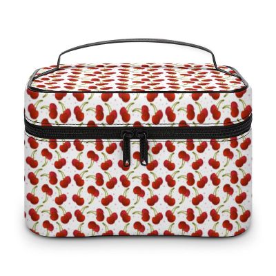 Cherries Pink Stars Berry Makeup Bag Organizer Cosmetic Bag Portable Vegan Leather Makeup Travel Case Pouch Toiletry Bag with Handle for Women Girls Gifts