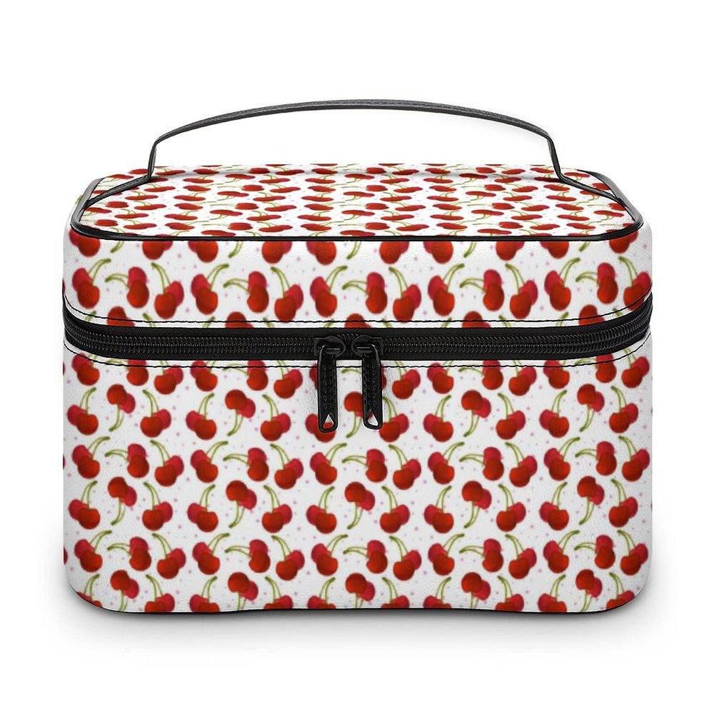Cherries Pink Stars Berry Makeup Bag Organizer Cosmetic Bag Portable Vegan Leather Makeup Travel Case Pouch Toiletry Bag with Handle for Women Girls Gifts