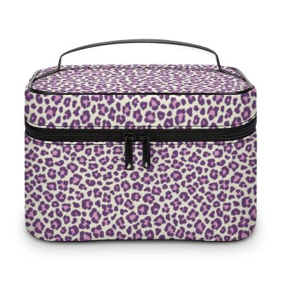 Pink Purple Leopard Print Makeup Bag Cosmetic Bag Portable Synthetic Leather Makeup Travel Pouch Toiletry Bag with Handle for Women