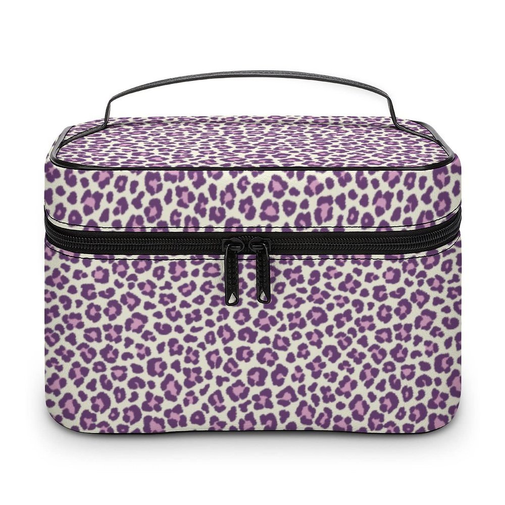 Pink Purple Leopard Print Makeup Bag Cosmetic Bag Portable Synthetic Leather Makeup Travel Pouch Toiletry Bag with Handle for Women