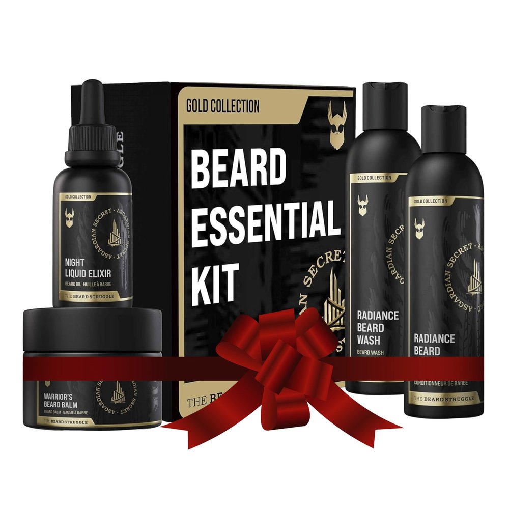 The Beard Struggle Mens Beard Grooming Kit Includes Balm, Oil, Wash & Conditioner Gold Collection, Asgardian Secret (8.11 fl oz)