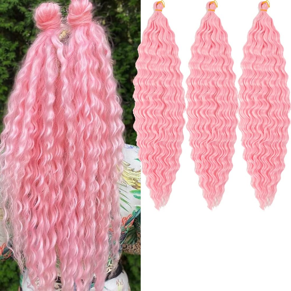 18 inch Ocean Wave Crochet Hair Deep Twist Crochet Hair Extensions Curly Braiding Hair 3 packs Long Wavy Water Braids For Women Synthetic Crochet Braid Hair (18 inch, Pink)