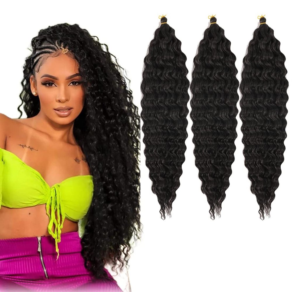 18 inch Ocean Wave Crochet Hair Deep Twist Crochet Hair Extensions Curly Braiding Hair 3 packs Long Wavy Braids For Women Synthetic Crochet Braid Hair (18 inch, Natural Black)