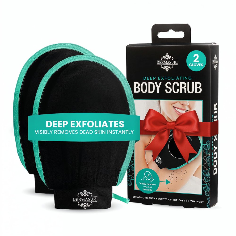 Dermasuri - Deep Exfoliating Glove - Polishing Mitt Body Scrubber - Korean Skin Cleaner Exfoliator - Dead Skin Buffing Treatment - Gifts for Women & Men - Keratosis Pilaris Scrub Remover - (2 Pack)