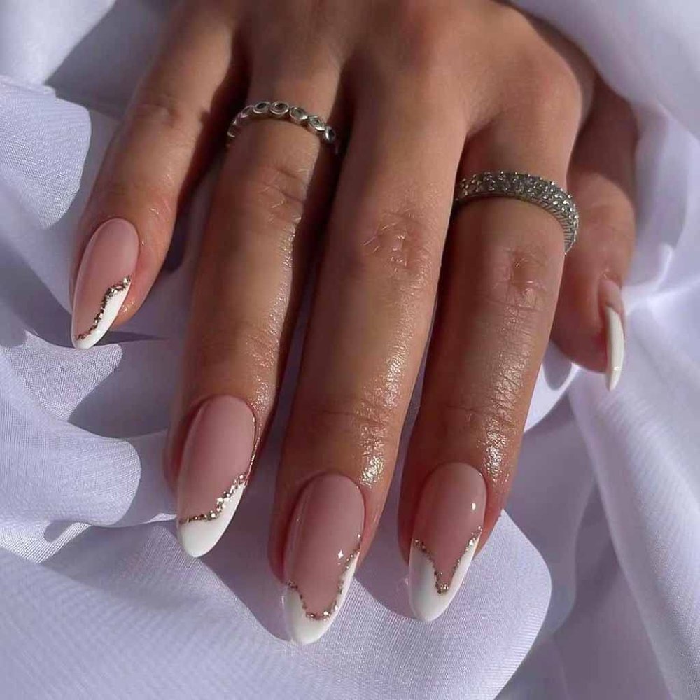 RikView French Tip Press On Nails - Medium, White, Nude, Almond Shaped, 24 PCs/Set