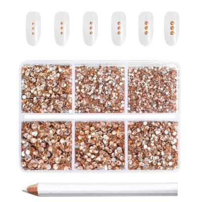 Beadsland 7200pcs Flatback Rhinestones,Champagne Rhinestone Nail Gems Round Crystal Rhinestones for Crafts,Mixed 6 Sizes with Wax Pencil Kit, SS3-SS10,Light Peach