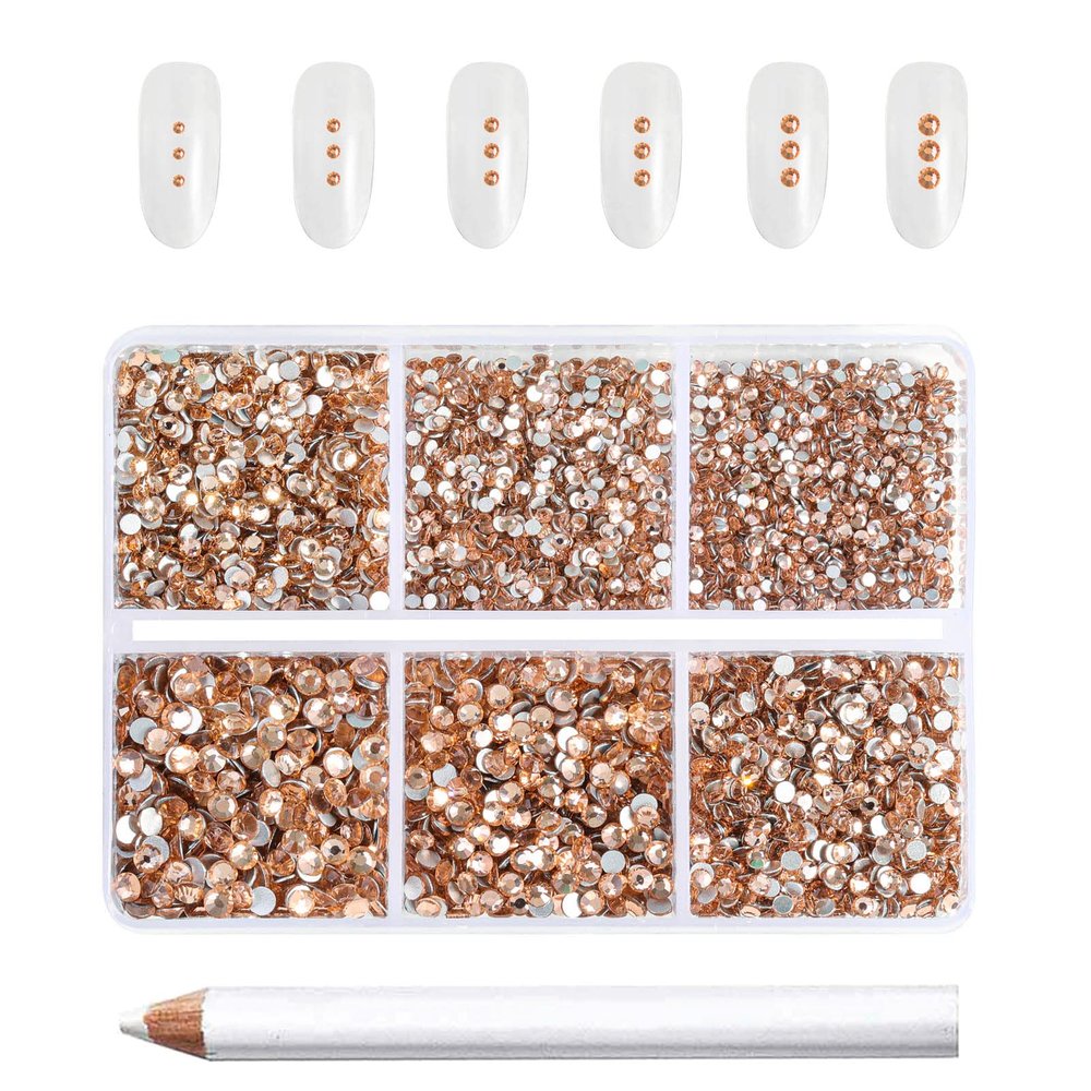 Beadsland 7200pcs Flatback Rhinestones,Champagne Rhinestone Nail Gems Round Crystal Rhinestones for Crafts,Mixed 6 Sizes with Wax Pencil Kit, SS3-SS10,Light Peach