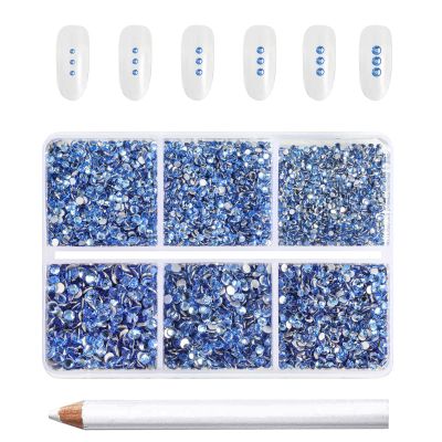 Beadsland 7200pcs Flatback Rhinestones,Light Blue Rhinestone Nail Gems Round Crystal Rhinestones for Crafts,Mixed 6 Sizes with Wax Pencil Kit, SS3-SS10,Light Sapphire