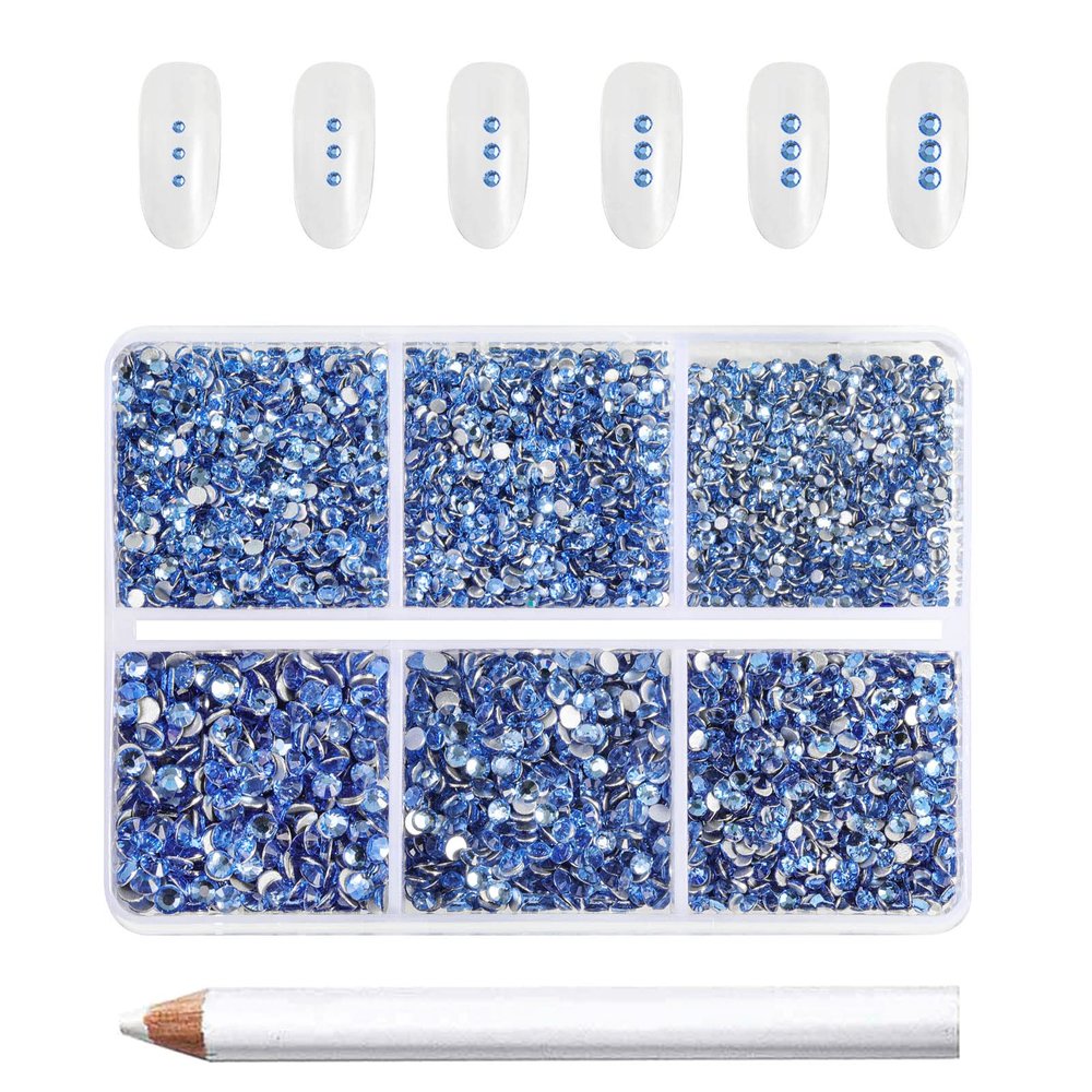 Beadsland 7200pcs Flatback Rhinestones,Light Blue Rhinestone Nail Gems Round Crystal Rhinestones for Crafts,Mixed 6 Sizes with Wax Pencil Kit, SS3-SS10,Light Sapphire