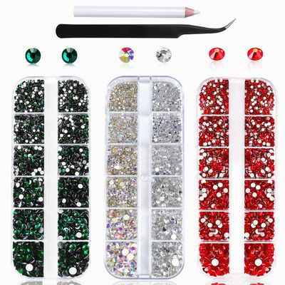 HUETFAT 7200pcs Nail Art Rhinestones Kit Gems Ab Flatback Rhinestones Gems Stones, with Storage Organizer Box/Wax Pencil/Tweezers 6 Sizes for Nail Art Craft (Red Green Crystal AB Clear)