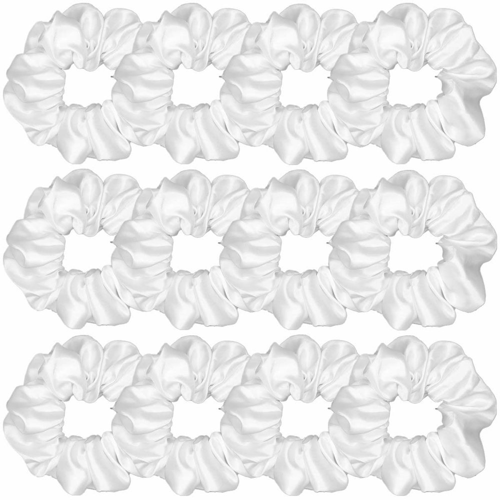 12 Pcs Satin Silk Scrunchies Soft Ties Fashion Bands Hair Bow Ropes Elastic Bracelet Ponytail Holders Accessories for Women and Girls (4.5 Inch, Pure White)