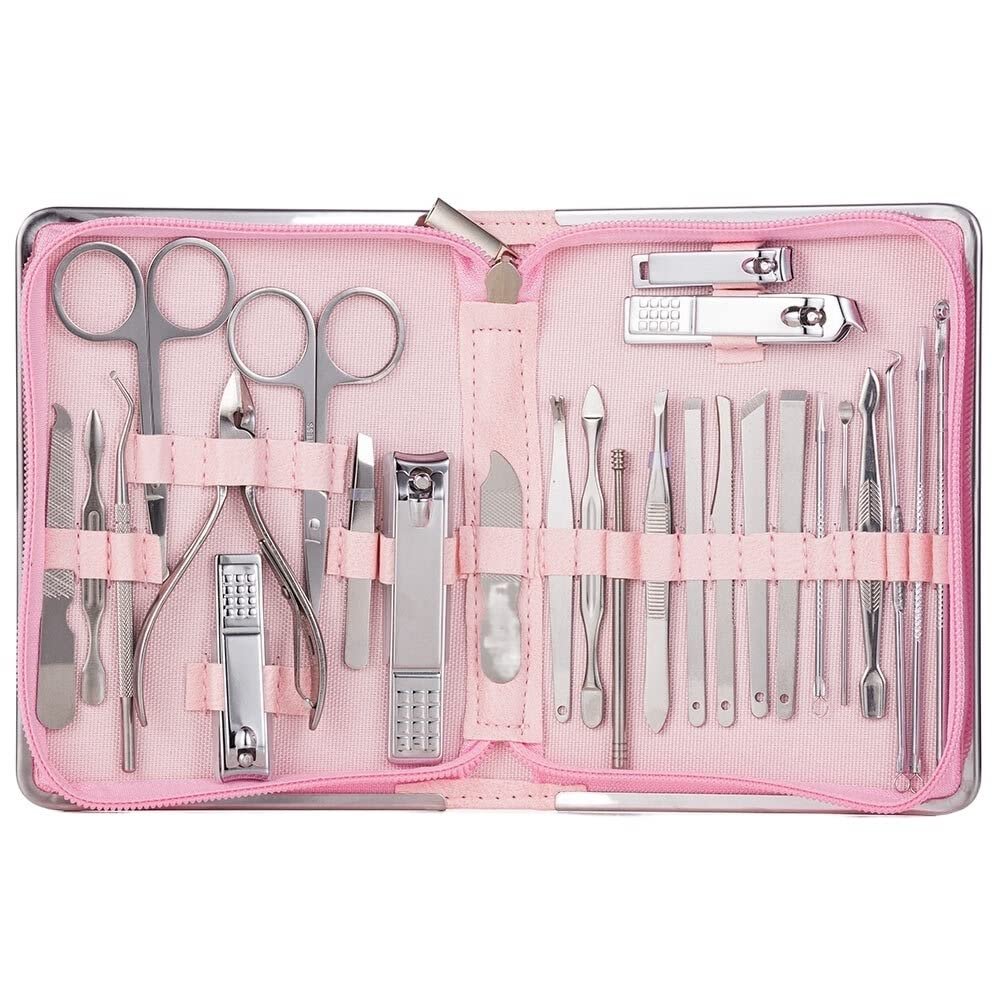 TONECY Nail Clipper Professional Grooming Kit Pedicure Kit Nail Cutter Tools with Luxurious Travel Case Manicure Scissors Makeup (Color : 26pcs Pink)