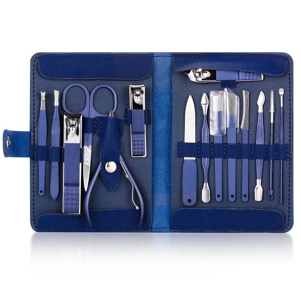 TONECY Multifunction Nail Clipper Set Pedicure Cutter Nail File Scissors Kit with Travel Case Stainless Steel Blue Manicure Set Tools (Color : 15pcs-Blue)