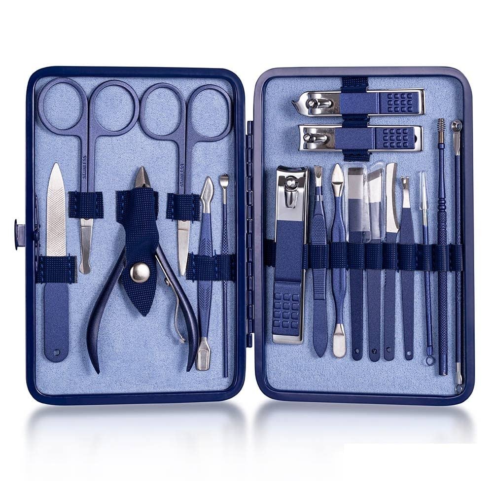 TONECY Multifunction Nail Clipper Set Pedicure Cutter Nail File Scissors Kit with Travel Case Stainless Steel Blue Manicure Set Tools (Color : 18pcs-Blue)