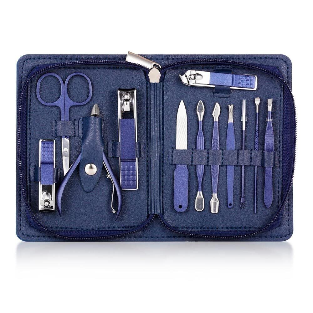 TONECY Multifunction Nail Clipper Set Pedicure Cutter Nail File Scissors Kit with Travel Case Stainless Steel Blue Manicure Set Tools (Color : 12pcs-Blue)