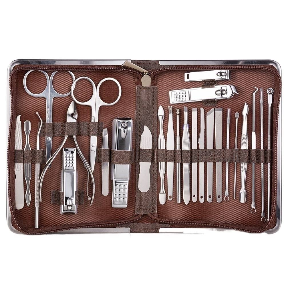 TONECY Nail Clipper Professional Grooming Kit Pedicure Kit Nail Cutter Tools with Luxurious Travel Case Manicure Scissors Makeup (Color : 26pcs Brown)