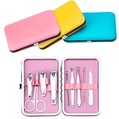 GANYUU 9pcs Portable Manicure Set Pedicure Scissor Tweezer Knife Ear Pick Utility Nail Clipper Kit Stainless Steel Nail Care Tool Sets (Color : Pink)