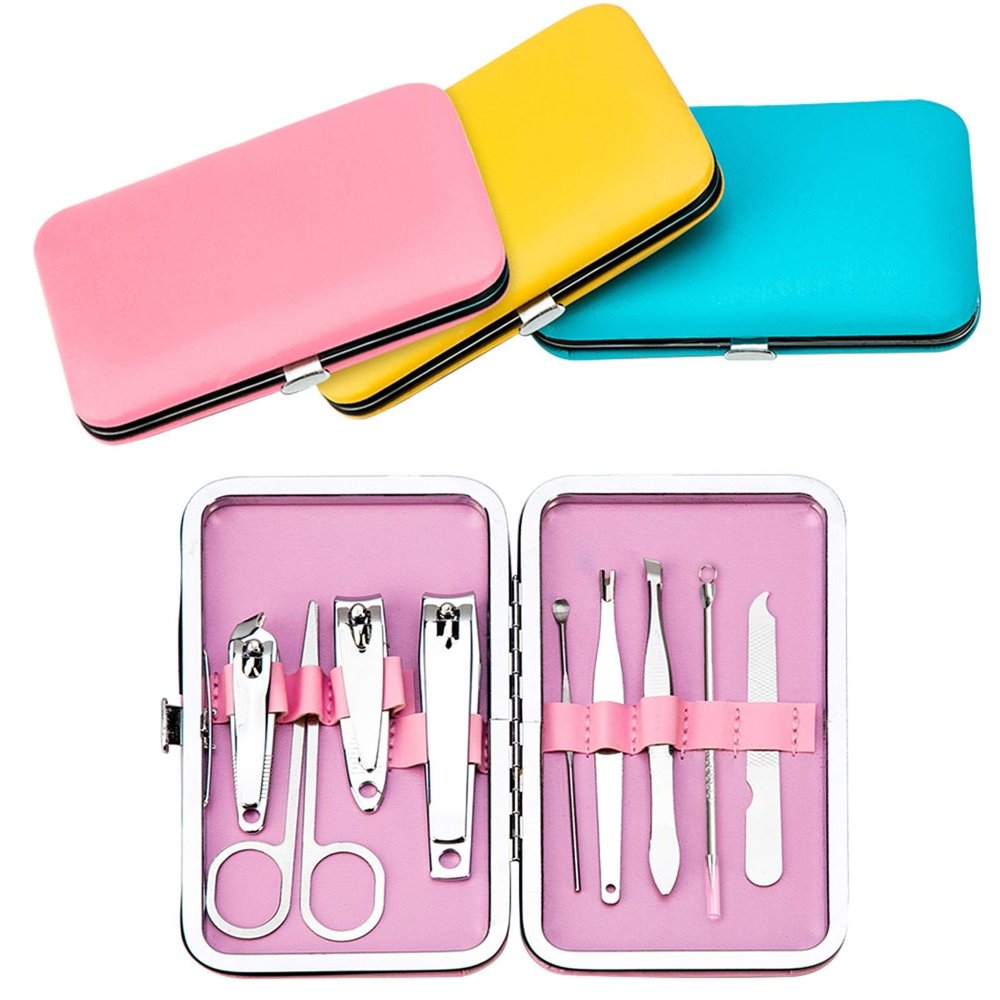 GANYUU 9pcs Portable Manicure Set Pedicure Scissor Tweezer Knife Ear Pick Utility Nail Clipper Kit Stainless Steel Nail Care Tool Sets (Color : Pink)