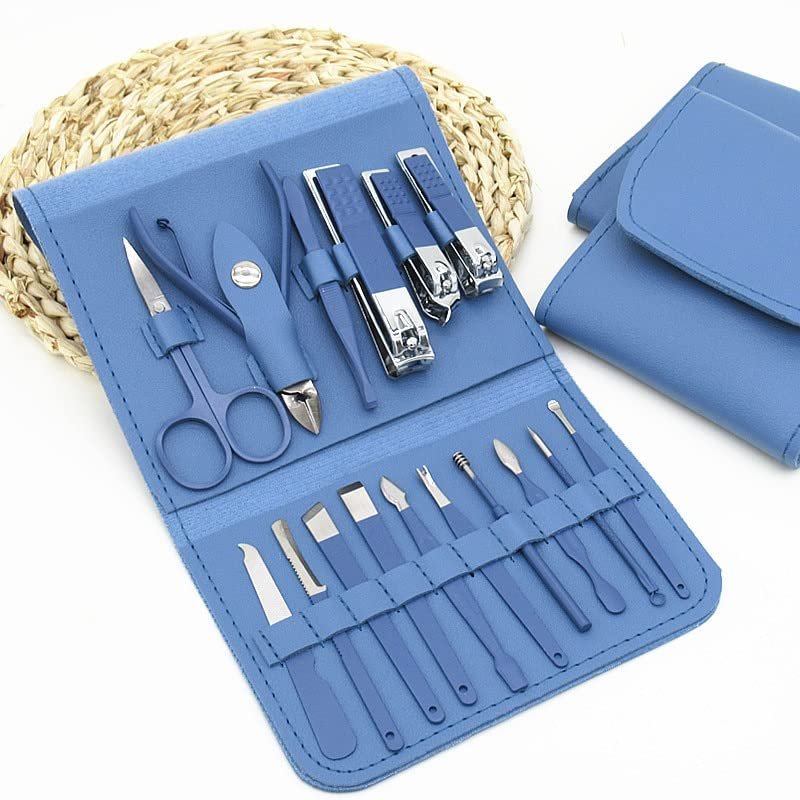 GANYUU Manicure Set Nail Clippers Tools Household 12/16Pcs Green Stainless Steel Ear Spoon Nail Cutters Scissors Kit for Manicure Tools (Color : 16pcs Blue)