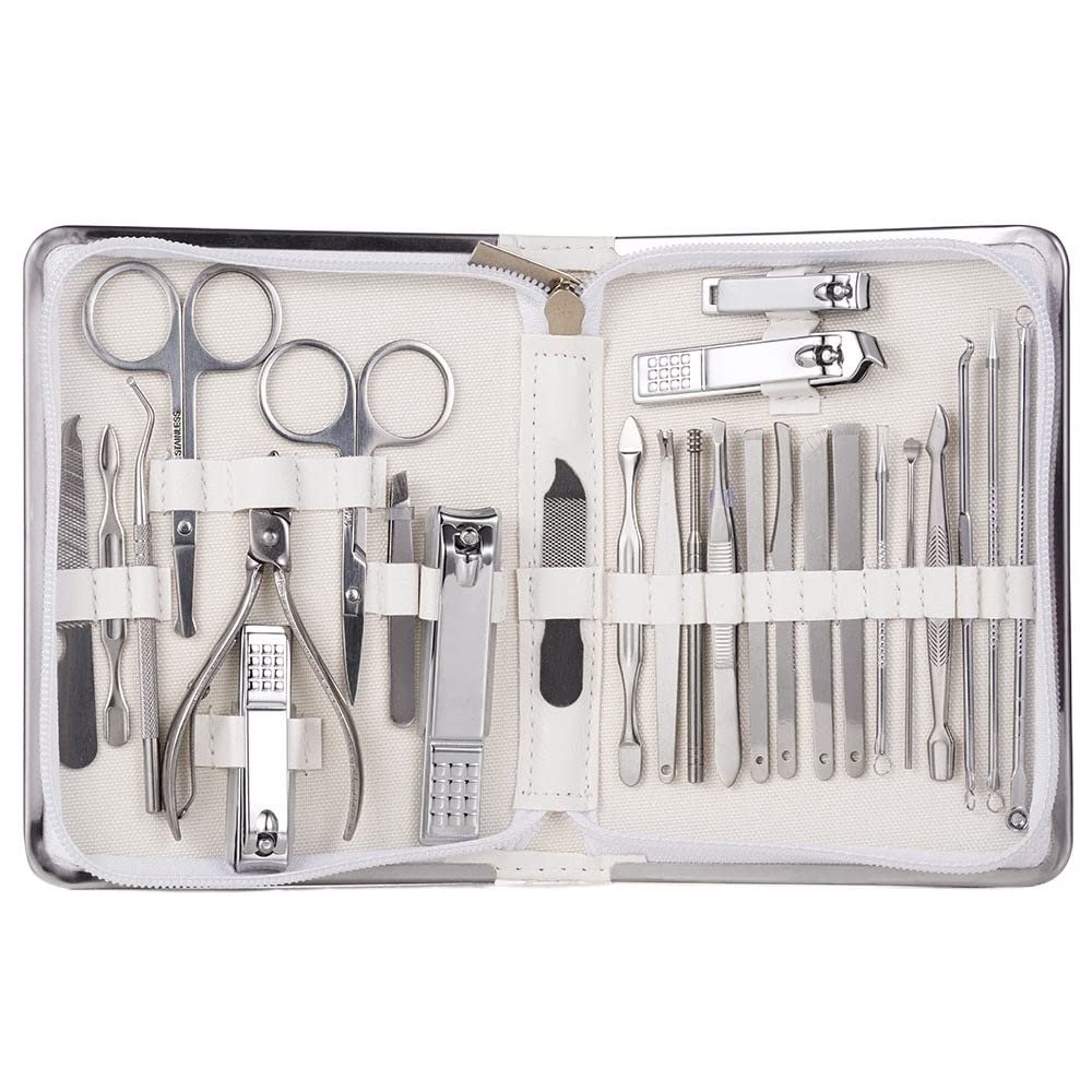 CYSUE Professional Nail Tools Sets Steel Nail Clippers Pedicure Kit Multifunctional Portable Manicure Cutter Nail Set (Color : 26pcs-White)