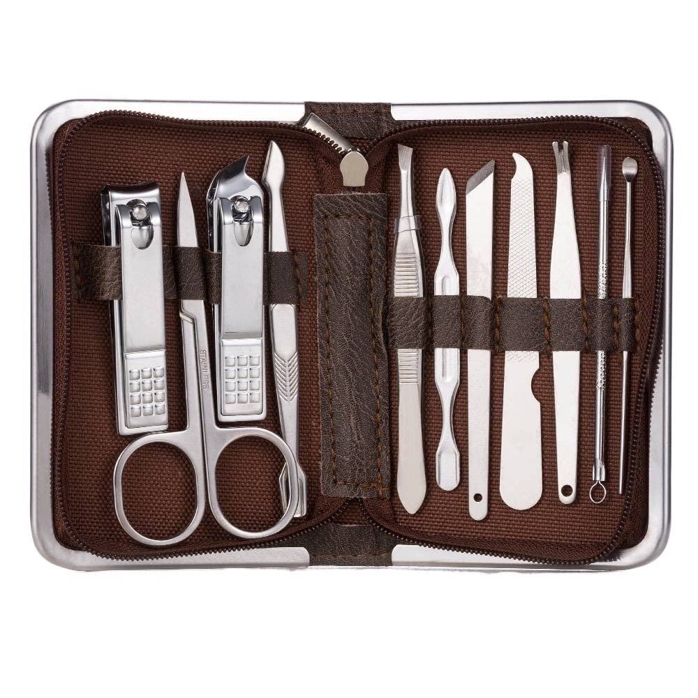 CYSUE Professional Nail Tools Sets Steel Nail Clippers Pedicure Kit Multifunctional Portable Manicure Cutter Nail Set (Color : 11pcs-Brown)
