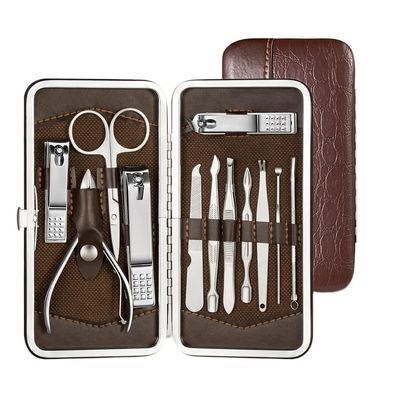 CYSUE Nail Clipper Professional Grooming Kit Pedicure Kit Nail Cutter Tools with Luxurious Travel Case Manicure Scissors Makeup (Color : 12pcs Brown)