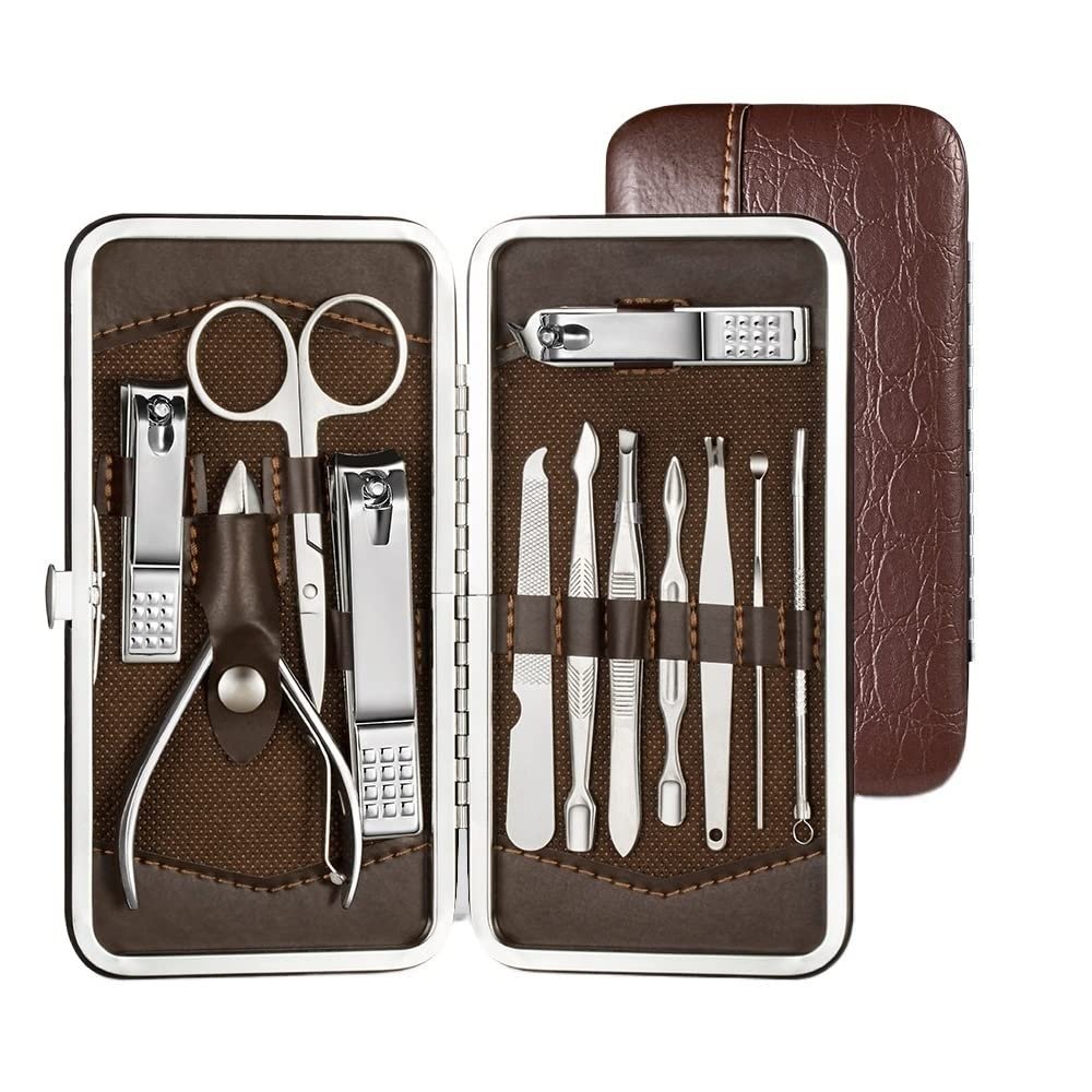 CYSUE Nail Clipper Professional Grooming Kit Pedicure Kit Nail Cutter Tools with Luxurious Travel Case Manicure Scissors Makeup (Color : 12pcs Brown)