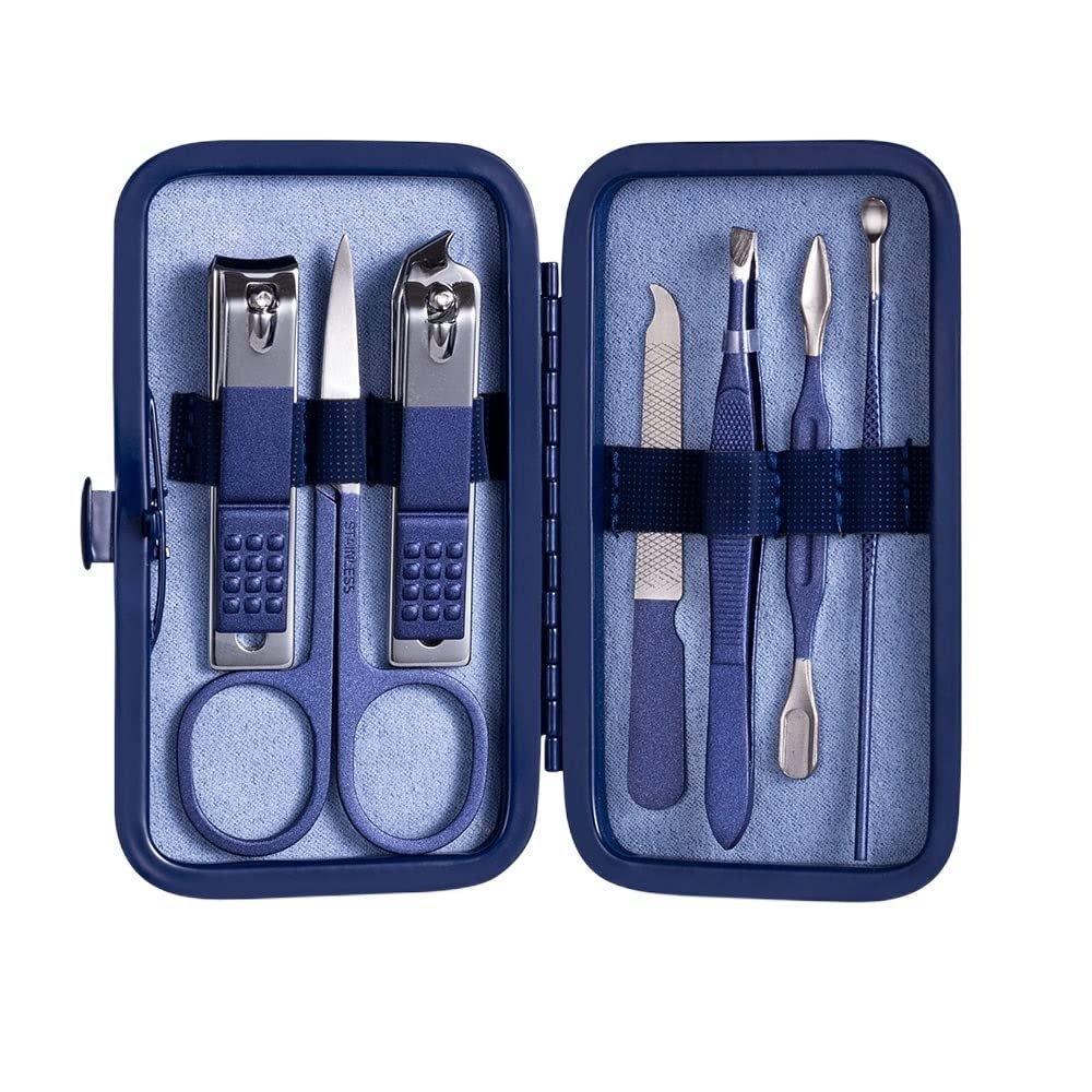 CYSUE 18/15/12/10/7/4pcs Nail Clippers Set Professional Stainless Steel Nail Scissors Tweezers Ear Spoon Acne Needle Tool Manicure Set (Color : 7 pcs Blue)