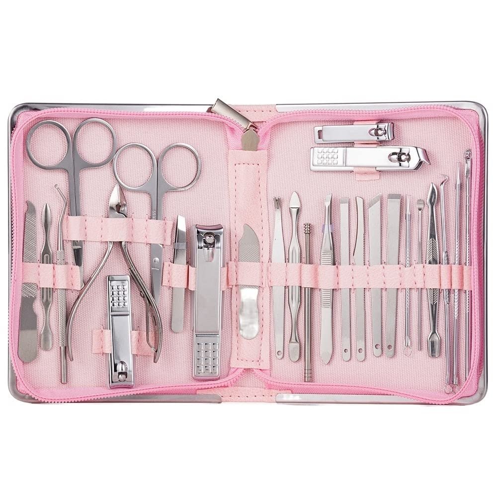 CYSUE Professional Nail Tools Sets Steel Nail Clippers Pedicure Kit Multifunctional Portable Manicure Cutter Nail Set (Color : 26pcs-Pink)