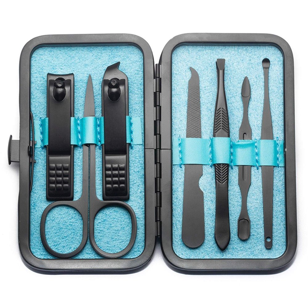 GANYUU 4-23PCS Professional Nail Clipper Pedicure Manicure Set Stainless Steel Cuticle Scissor Pusher Tweezer Nail File Nail Cutter Set (Color : 7PCS Blue)