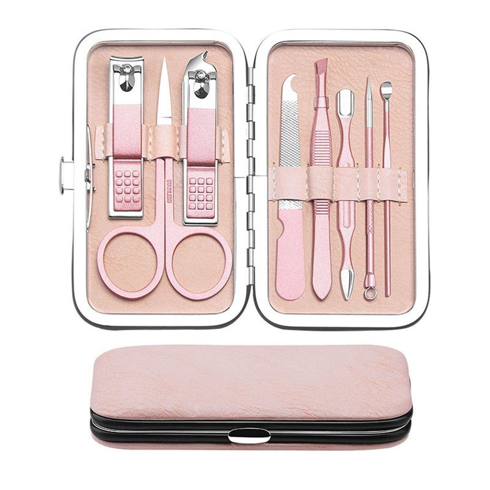 BEDCY Rose Gold Professional Manicure Set Stainless Steel Pedicure Set,Nose Hair Scissors,Eyebrow Razor Family Foot Hand Care Set (Color : 8pcs)