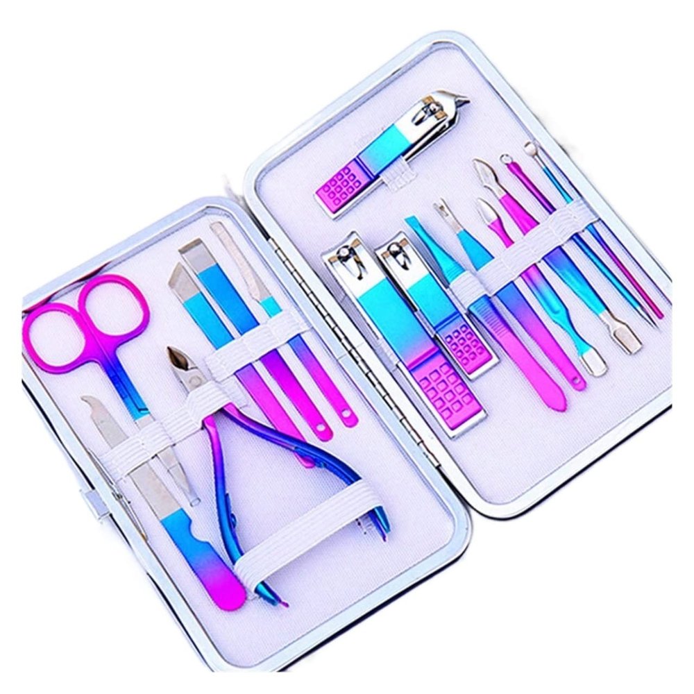 FULNES Nail Scissors Set Colorful Folding Stainless Steel Acne Needle Ear Spoon Nail Clipper Multi-Function Professional Manicure Tool (Color : 15 pcs)