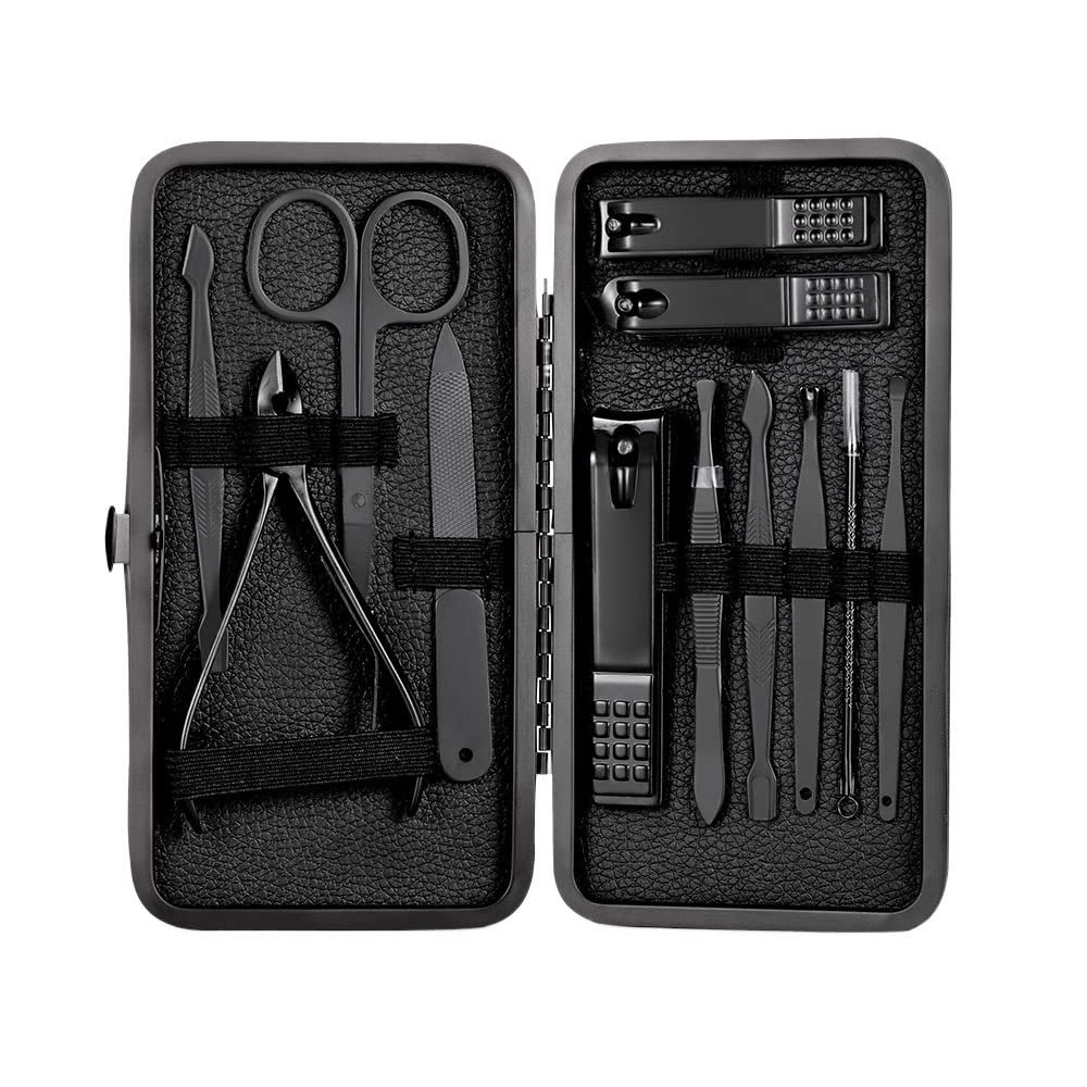 CYSUE 18 in 1 Manicure Set Stainless Steel Nail Clippers Pedicure Kit Portable Travel Household Nail Scissor Kit Nail Cutter Tool Set (Color : 12pcs Black)