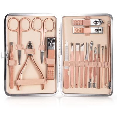 FULNES Nail Cutter Pedicure Scissors Set Stainless Steel Eagle Hook Portable Manicure Nail Clipper Tool Set Makeup (Color : 18pcs-Pink)