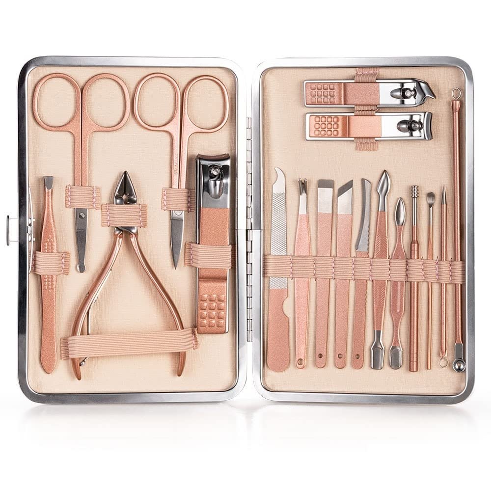FULNES Nail Cutter Pedicure Scissors Set Stainless Steel Eagle Hook Portable Manicure Nail Clipper Tool Set Makeup (Color : 18pcs-Pink)