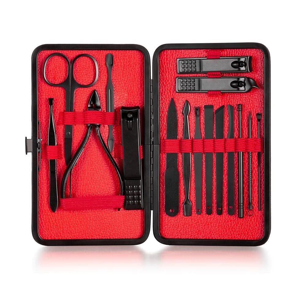CYSUE 18 in 1 Manicure Set Stainless Steel Nail Clippers Pedicure Kit Portable Travel Household Nail Scissor Kit Nail Cutter Tool Set (Color : 16pcs red)