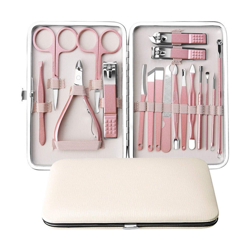 GANYUU Rose Gold Professional Manicure Set Stainless Steel Pedicure Set,Nose Hair Scissors,Eyebrow Razor Family Foot Hand Care Set (Color : Pink)
