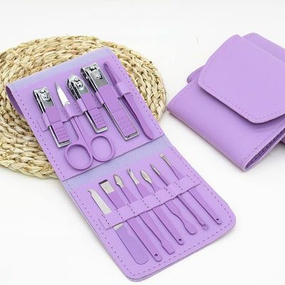 GANYUU Manicure Set Nail Clippers Tools Household 12/16Pcs Green Stainless Steel Ear Spoon Nail Cutters Scissors Kit for Manicure Tools (Color : 12pcs Purple)