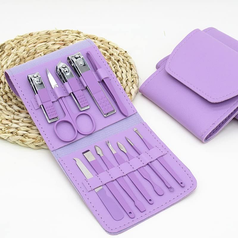 GANYUU Manicure Set Nail Clippers Tools Household 12/16Pcs Green Stainless Steel Ear Spoon Nail Cutters Scissors Kit for Manicure Tools (Color : 12pcs Purple)