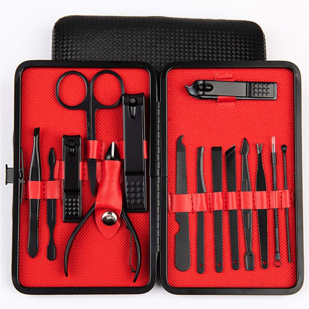 CYSUE 4-23PCS Professional Nail Clipper Pedicure Manicure Set Stainless Steel Cuticle Scissor Pusher Tweezer Nail File Nail Cutter Set (Color : 15PCS RED)